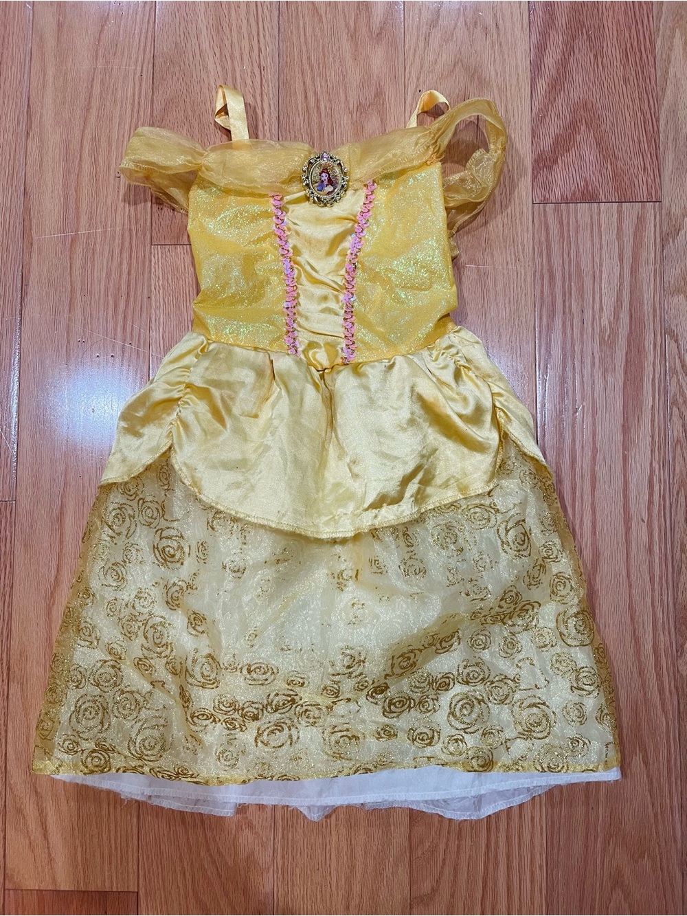Disney Yellow Belle-Inspired Girls Princess Dress with Pink Trim